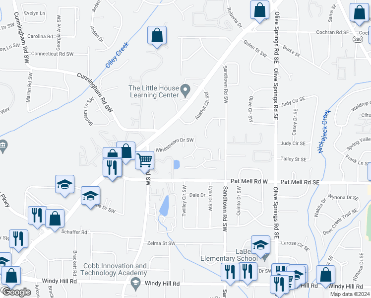 map of restaurants, bars, coffee shops, grocery stores, and more near 2157 Windstream Way in Marietta