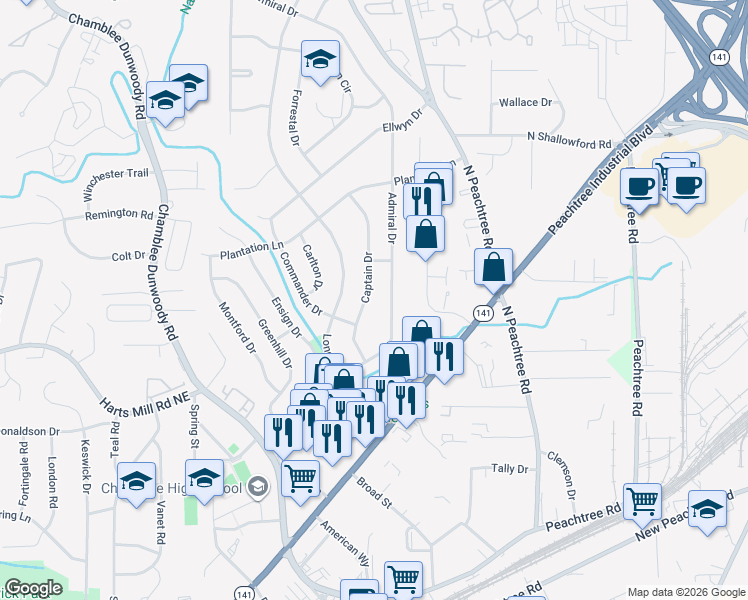 map of restaurants, bars, coffee shops, grocery stores, and more near 3826 Captain Drive in Chamblee