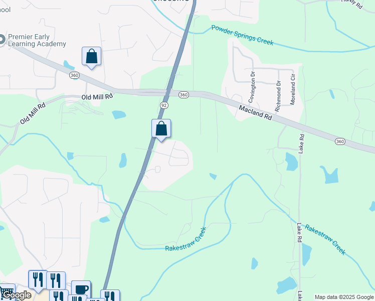 map of restaurants, bars, coffee shops, grocery stores, and more near 202 Darby's Crossing Court in Hiram