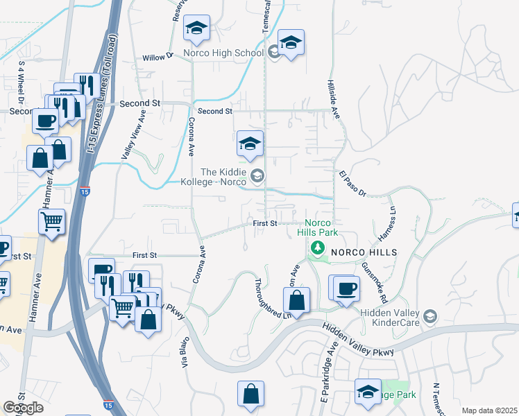 map of restaurants, bars, coffee shops, grocery stores, and more near 1536 Temescal Avenue in Norco