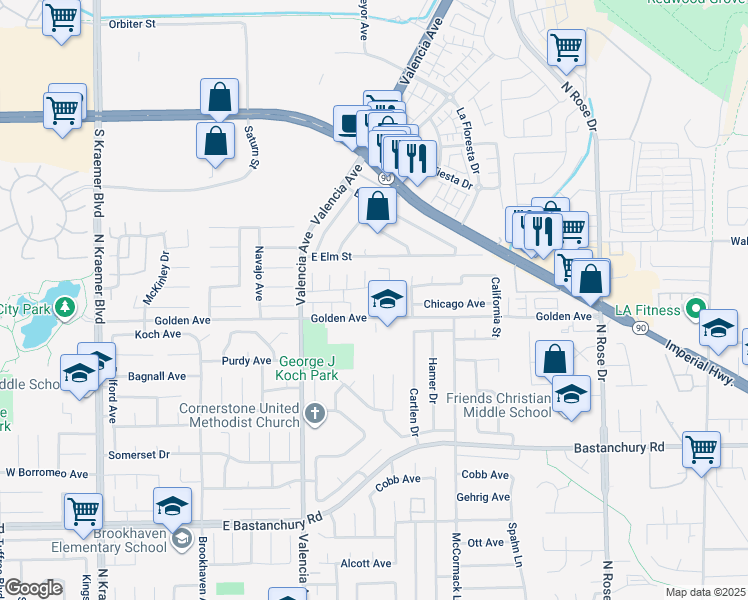 map of restaurants, bars, coffee shops, grocery stores, and more near 2322 Blackfoot Avenue in Placentia