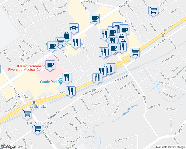 map of restaurants, bars, coffee shops, grocery stores, and more near 3516 Banbury Drive in Riverside