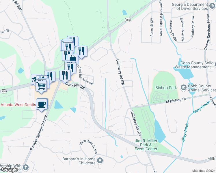 map of restaurants, bars, coffee shops, grocery stores, and more near 1962 Bergerac Court Southwest in Marietta