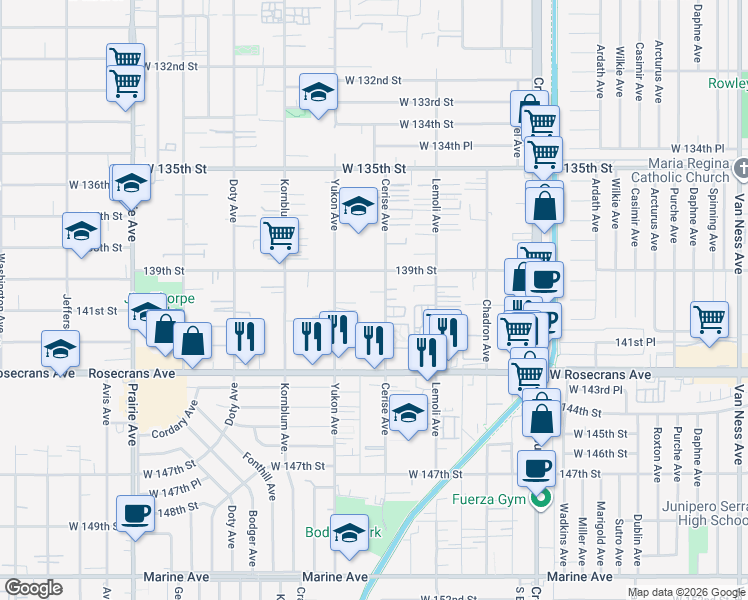 map of restaurants, bars, coffee shops, grocery stores, and more near 3510 Slayton Street in Hawthorne
