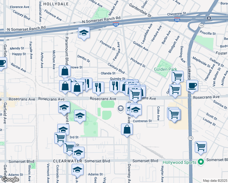 map of restaurants, bars, coffee shops, grocery stores, and more near 8329 Wilbarn Street in Paramount