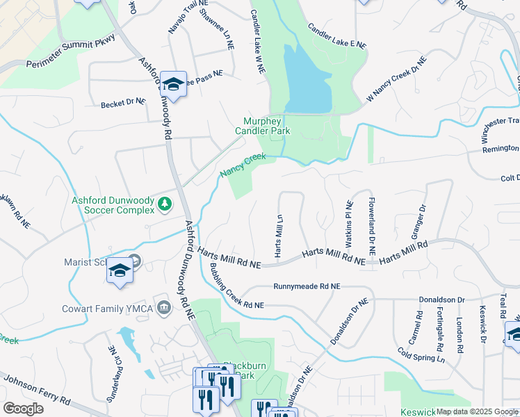 map of restaurants, bars, coffee shops, grocery stores, and more near 3833 Fox Glen Court Northeast in Atlanta