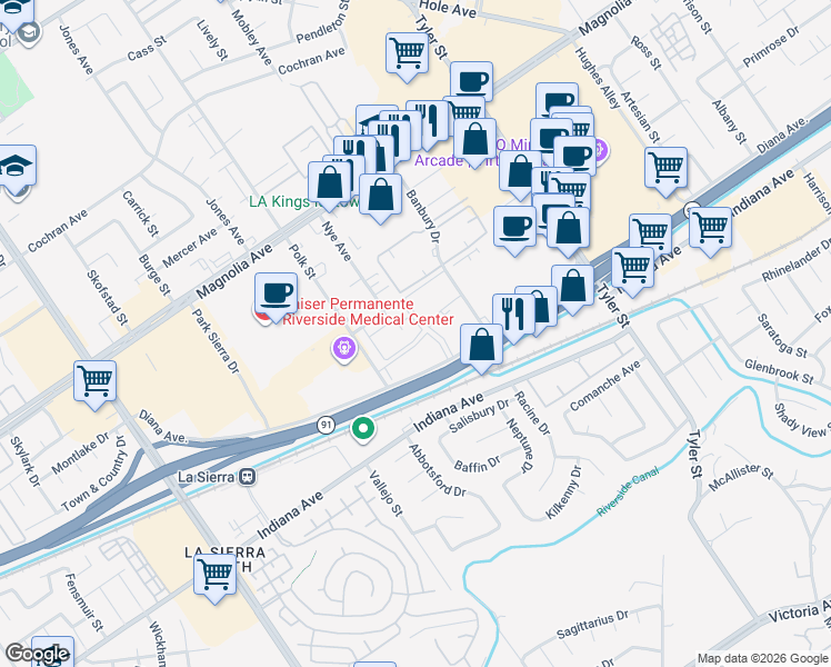 map of restaurants, bars, coffee shops, grocery stores, and more near 3572 Banbury Drive in Riverside
