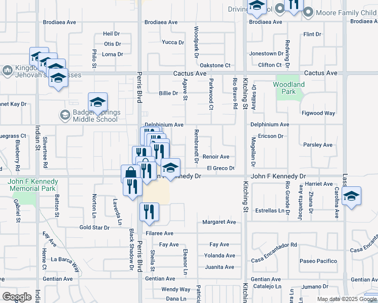 map of restaurants, bars, coffee shops, grocery stores, and more near 14880 La Brisis Way in Moreno Valley
