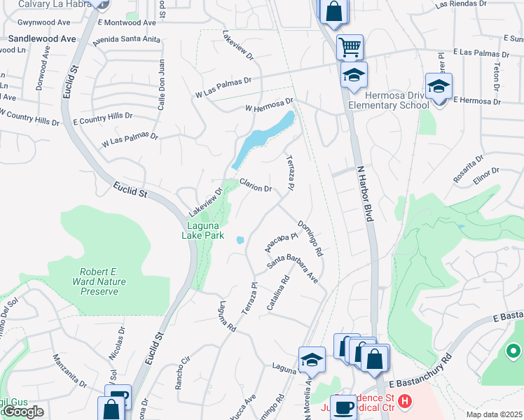 map of restaurants, bars, coffee shops, grocery stores, and more near 2945 Terraza Place in Fullerton