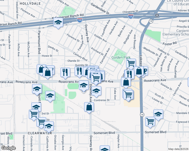 map of restaurants, bars, coffee shops, grocery stores, and more near 8514 Elburg Street in Paramount
