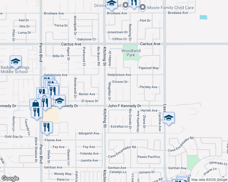map of restaurants, bars, coffee shops, grocery stores, and more near 14881 Edelweiss Place in Moreno Valley