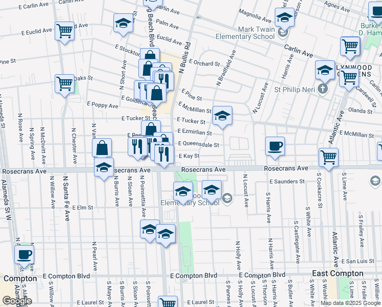 map of restaurants, bars, coffee shops, grocery stores, and more near 1613 East Kay Street in Compton