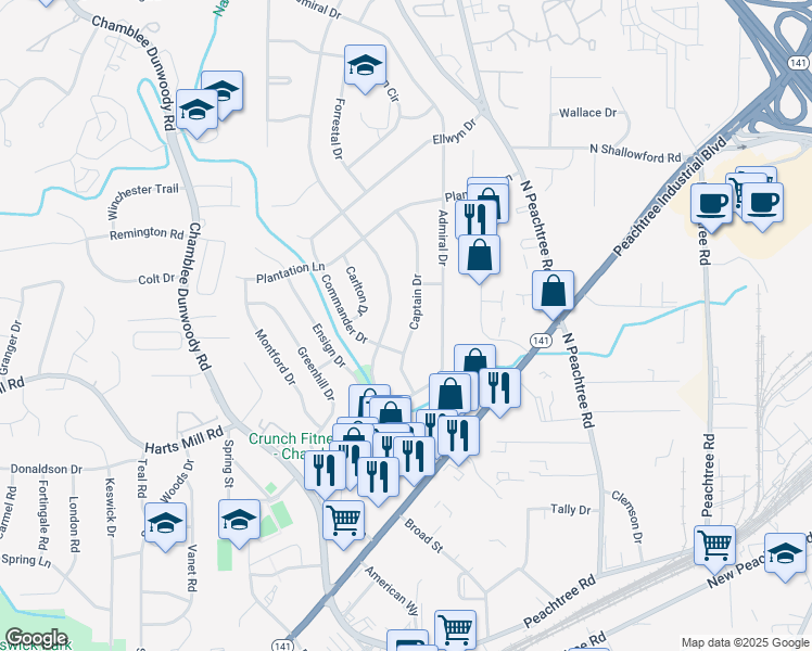 map of restaurants, bars, coffee shops, grocery stores, and more near 3826 Captain Dr in Chamblee