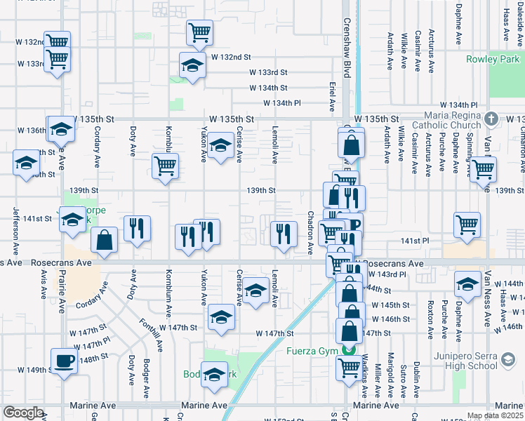 map of restaurants, bars, coffee shops, grocery stores, and more near 13935 Lemoli Avenue in Hawthorne