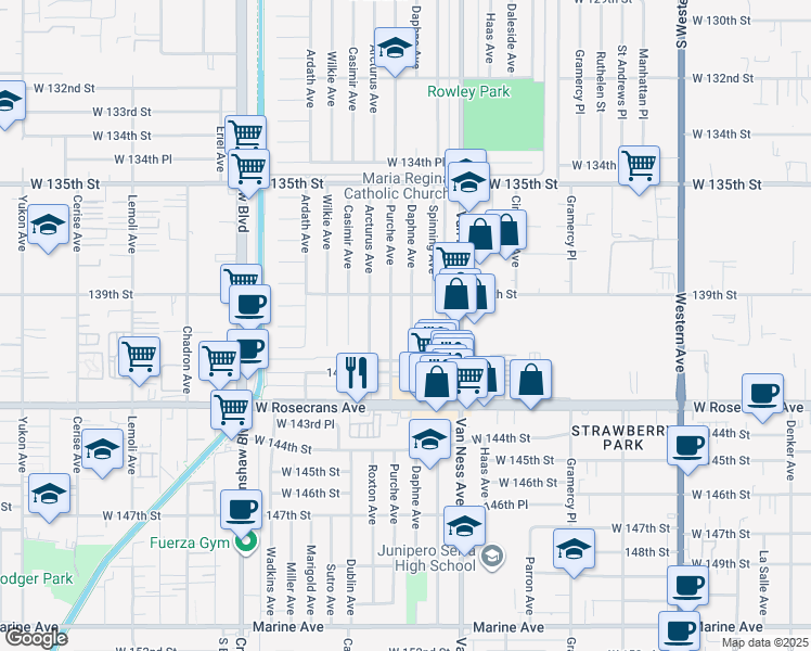 map of restaurants, bars, coffee shops, grocery stores, and more near 14001 Daphne Avenue in Gardena