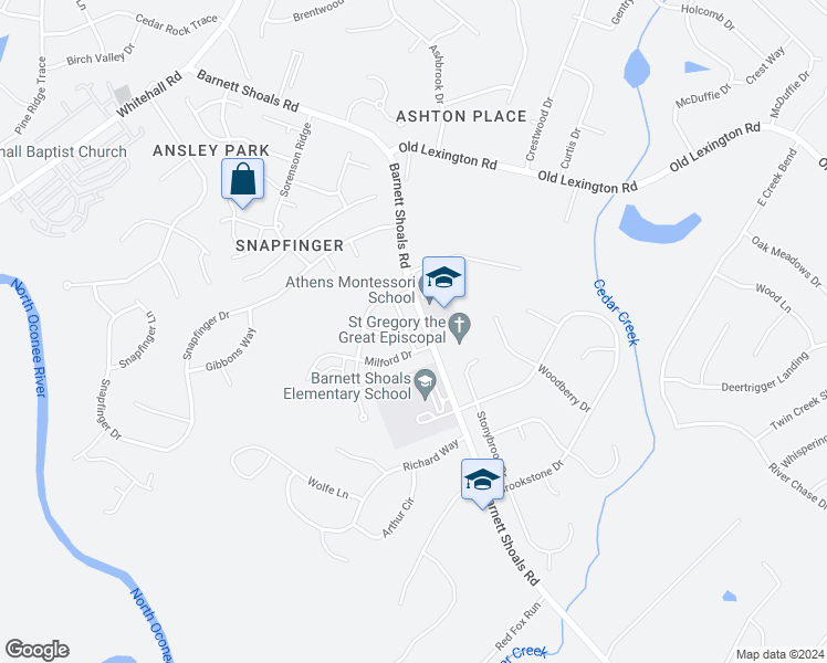 map of restaurants, bars, coffee shops, grocery stores, and more near 143 Blake Way in Athens