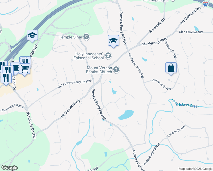 map of restaurants, bars, coffee shops, grocery stores, and more near 105 Parc Du Chateau Northwest in Atlanta