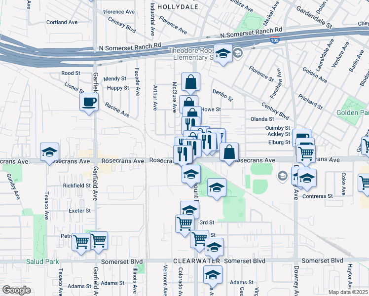 map of restaurants, bars, coffee shops, grocery stores, and more near 14133 Colorado Avenue in Paramount