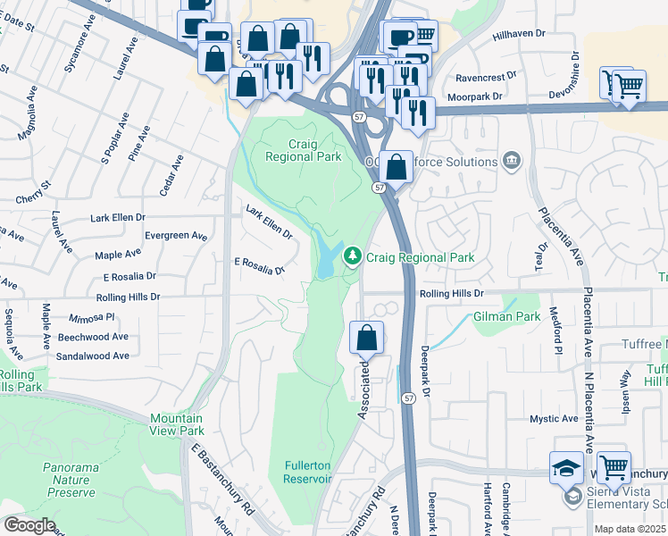 map of restaurants, bars, coffee shops, grocery stores, and more near 3300 North State College Boulevard in Fullerton