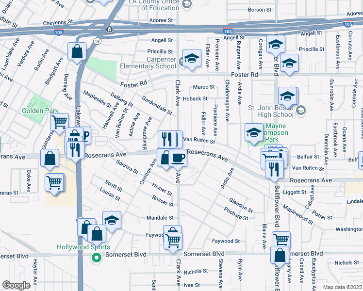 map of restaurants, bars, coffee shops, grocery stores, and more near 9409 Rosecrans Avenue in Bellflower