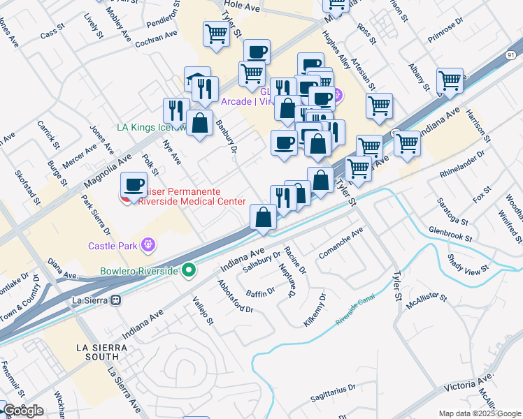 map of restaurants, bars, coffee shops, grocery stores, and more near 3516 Banbury Drive in Riverside