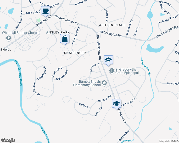 map of restaurants, bars, coffee shops, grocery stores, and more near 178 Wiltshire Drive in Athens