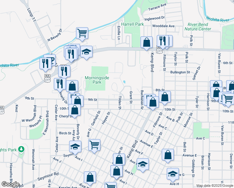 map of restaurants, bars, coffee shops, grocery stores, and more near 300 Morningside Drive in Wichita Falls