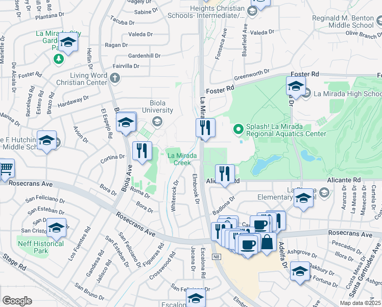 map of restaurants, bars, coffee shops, grocery stores, and more near 15026 Olive Lane in La Mirada