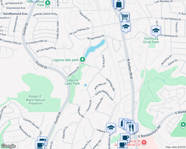 map of restaurants, bars, coffee shops, grocery stores, and more near 2945 Terraza Place in Fullerton