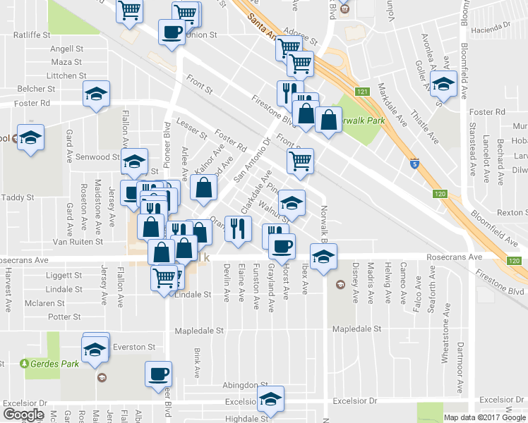 map of restaurants, bars, coffee shops, grocery stores, and more near 12028 Walnut Street in Norwalk