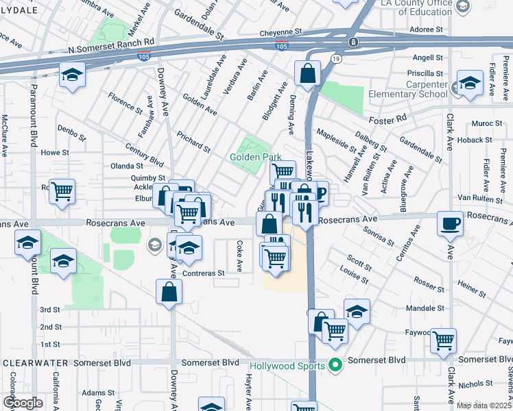 map of restaurants, bars, coffee shops, grocery stores, and more near 13547 Gunderson Avenue in Downey