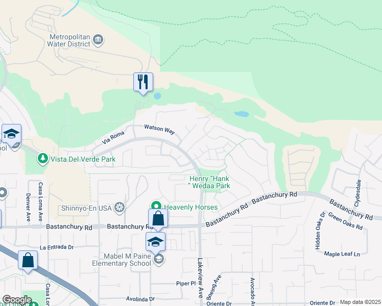 map of restaurants, bars, coffee shops, grocery stores, and more near 3938 Colonial Court in Yorba Linda