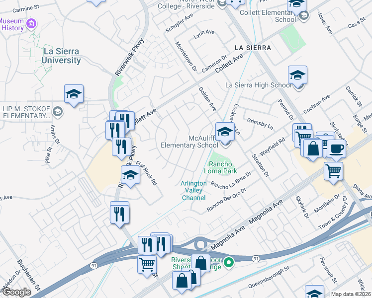 map of restaurants, bars, coffee shops, grocery stores, and more near 11488 Brookrun Court in Riverside