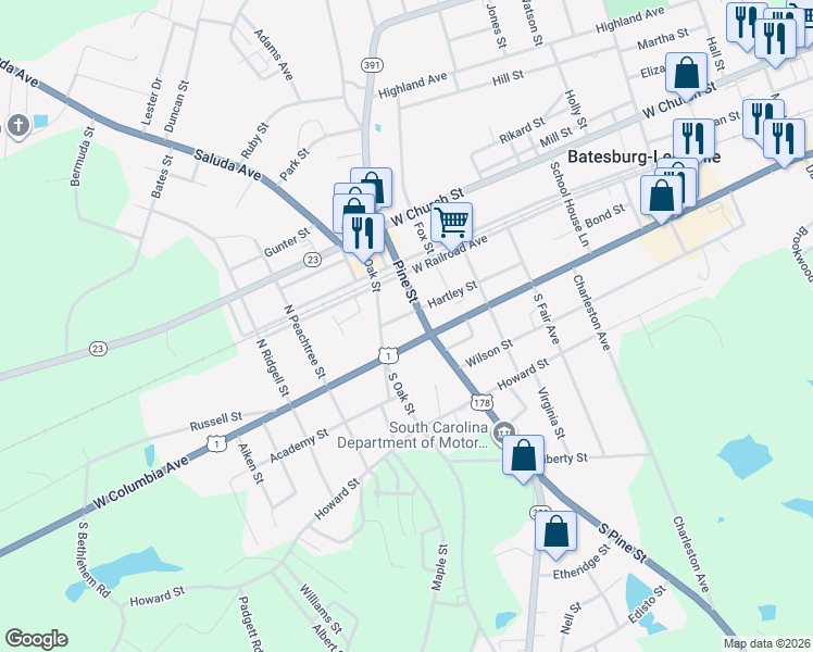 map of restaurants, bars, coffee shops, grocery stores, and more near 506 Hartley Street in Batesburg-Leesville