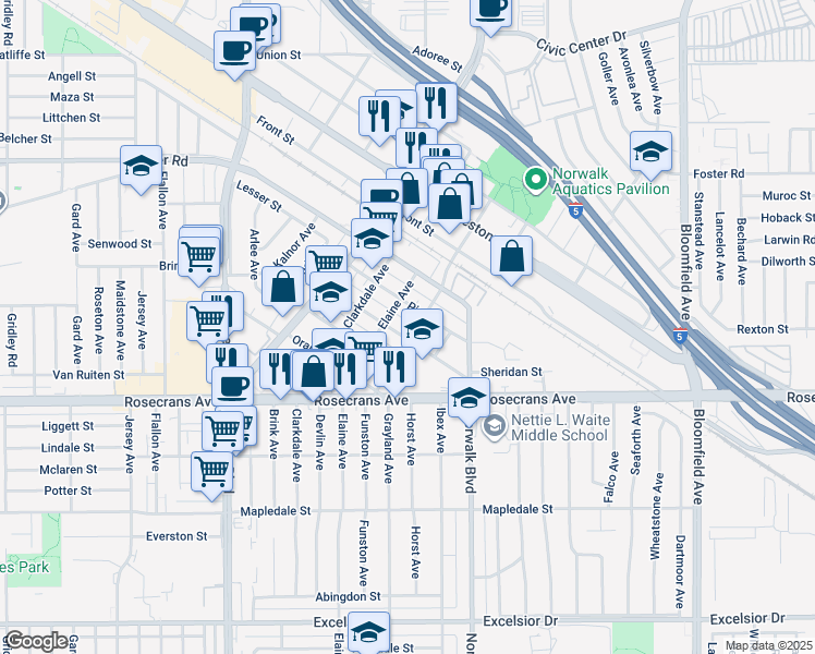 map of restaurants, bars, coffee shops, grocery stores, and more near 12061 Walnut Street in Norwalk