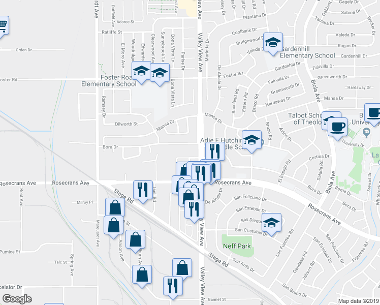 map of restaurants, bars, coffee shops, grocery stores, and more near 13811 Valley View Avenue in La Mirada
