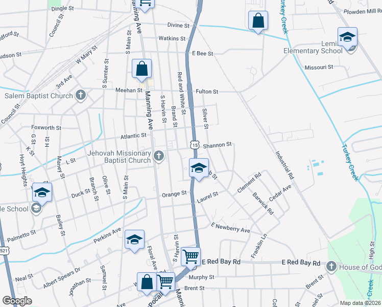 map of restaurants, bars, coffee shops, grocery stores, and more near 612 South Lafayette Drive in Sumter