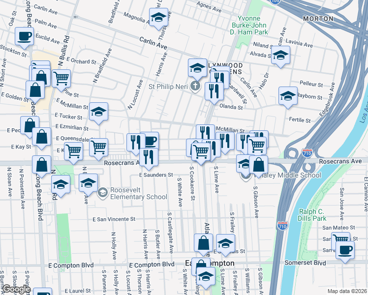 map of restaurants, bars, coffee shops, grocery stores, and more near 4337 East Palmerstone Street in Compton