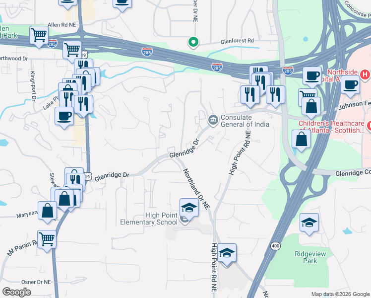 map of restaurants, bars, coffee shops, grocery stores, and more near 5512 Glenridge Drive in Sandy Springs