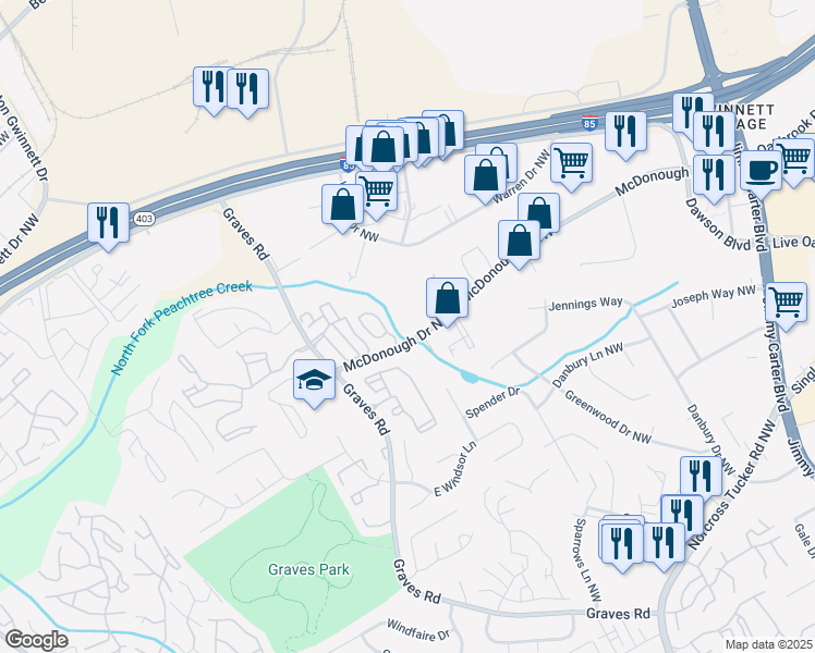 map of restaurants, bars, coffee shops, grocery stores, and more near 6555 McDonough Drive Northwest in Norcross