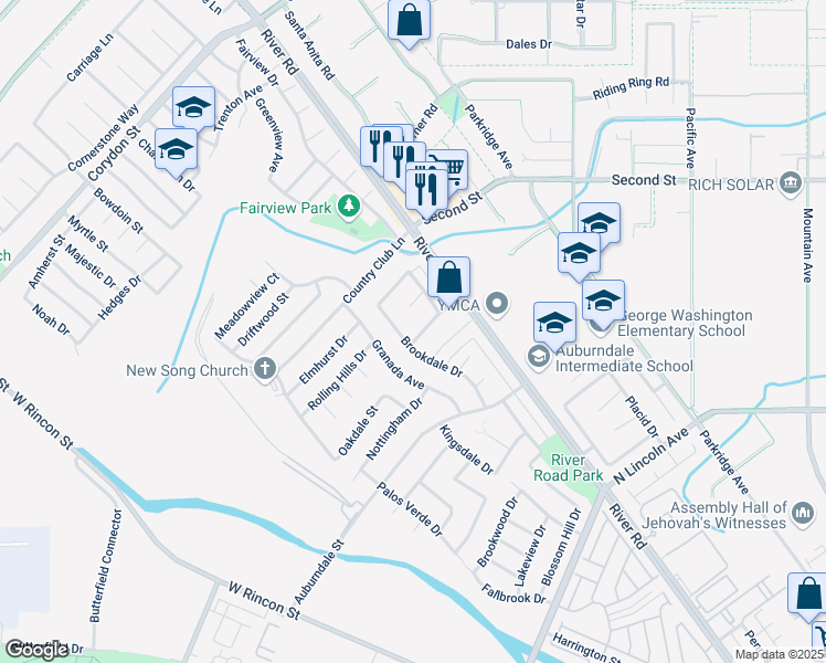 map of restaurants, bars, coffee shops, grocery stores, and more near 1114 Springbrook Street in Corona