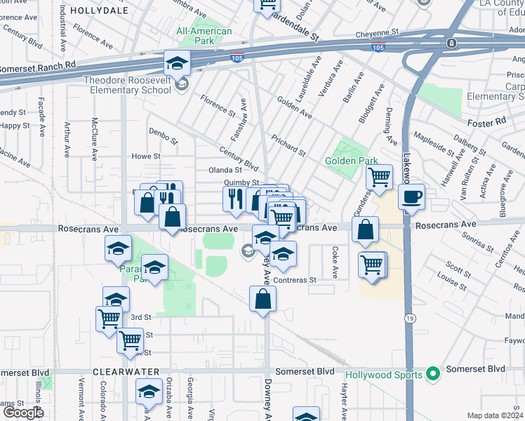 map of restaurants, bars, coffee shops, grocery stores, and more near in Paramount