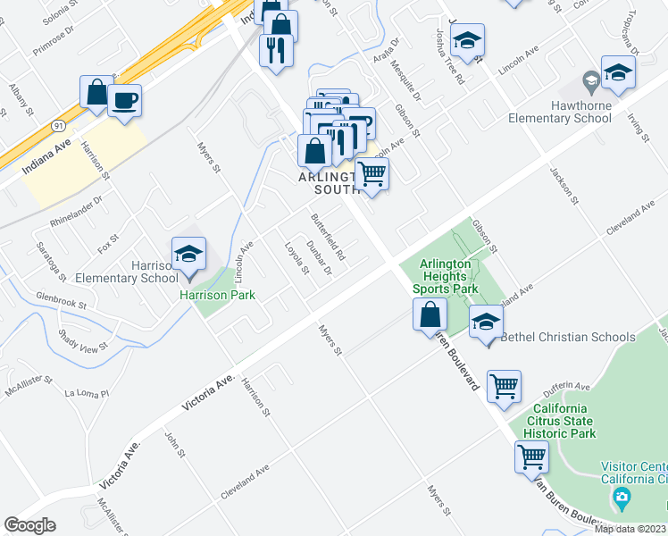 map of restaurants, bars, coffee shops, grocery stores, and more near 2731 Dunbar Drive in Riverside