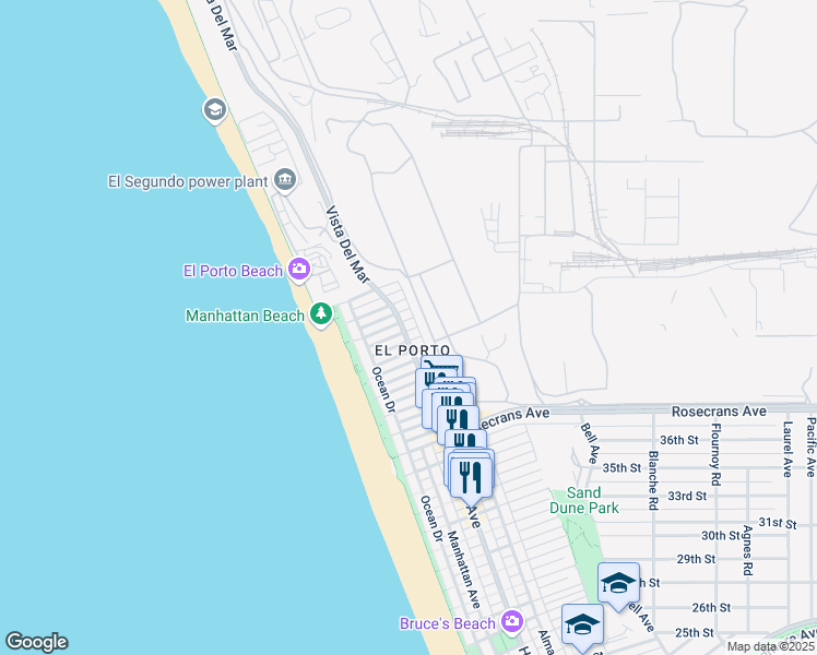 map of restaurants, bars, coffee shops, grocery stores, and more near 4216 Highland Avenue in Manhattan Beach