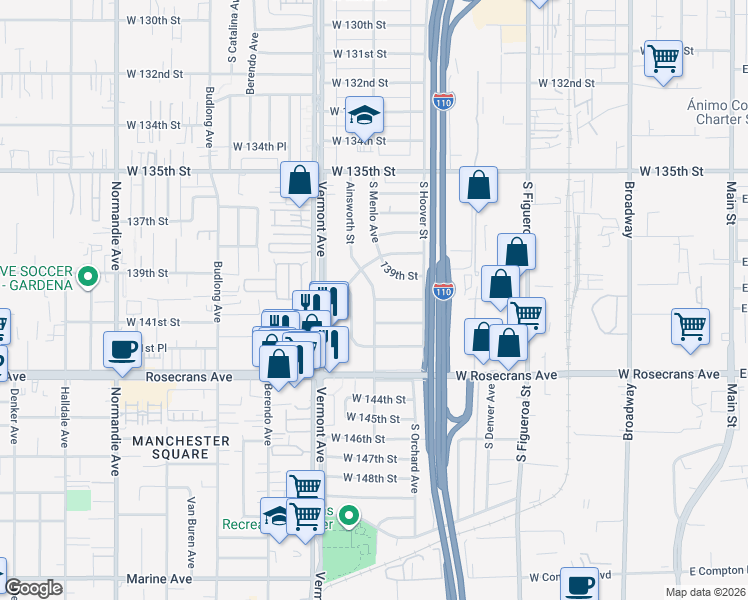 map of restaurants, bars, coffee shops, grocery stores, and more near 14001 South Menlo Avenue in Gardena