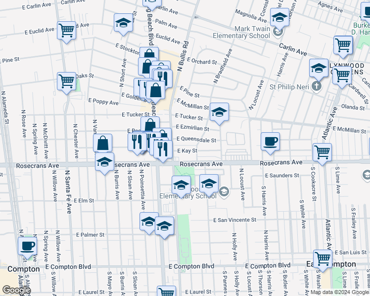 map of restaurants, bars, coffee shops, grocery stores, and more near 1605 East Kay Street in Compton