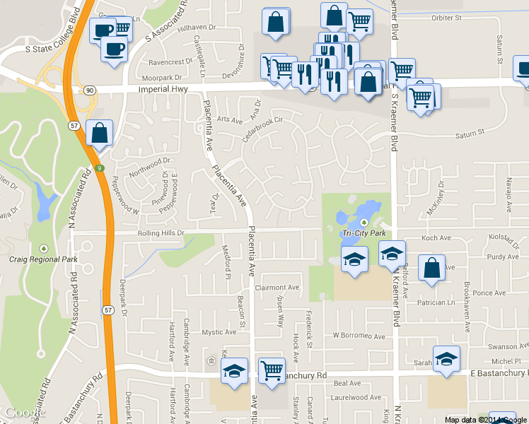map of restaurants, bars, coffee shops, grocery stores, and more near 2807 Loganberry Court in Fullerton