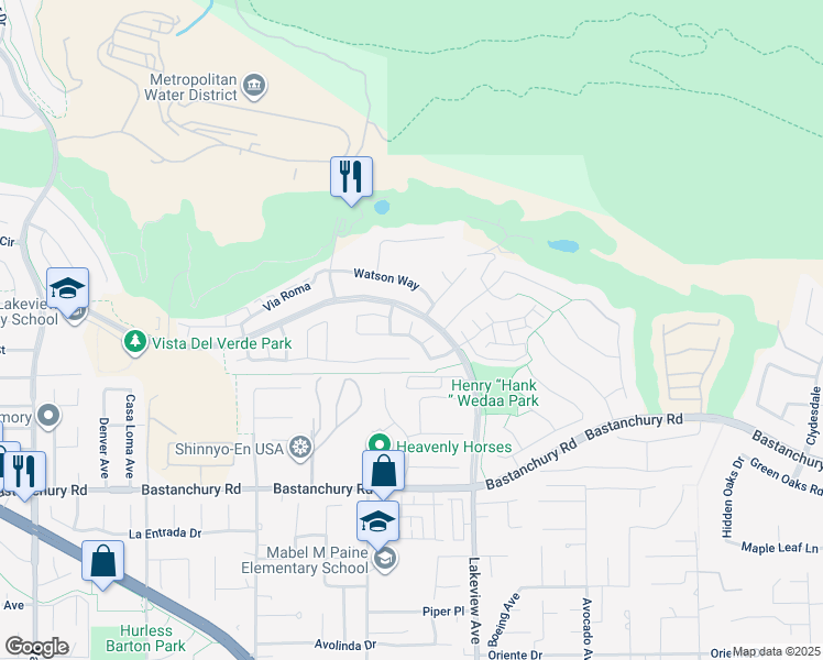 map of restaurants, bars, coffee shops, grocery stores, and more near 3927 Congressional Court in Yorba Linda