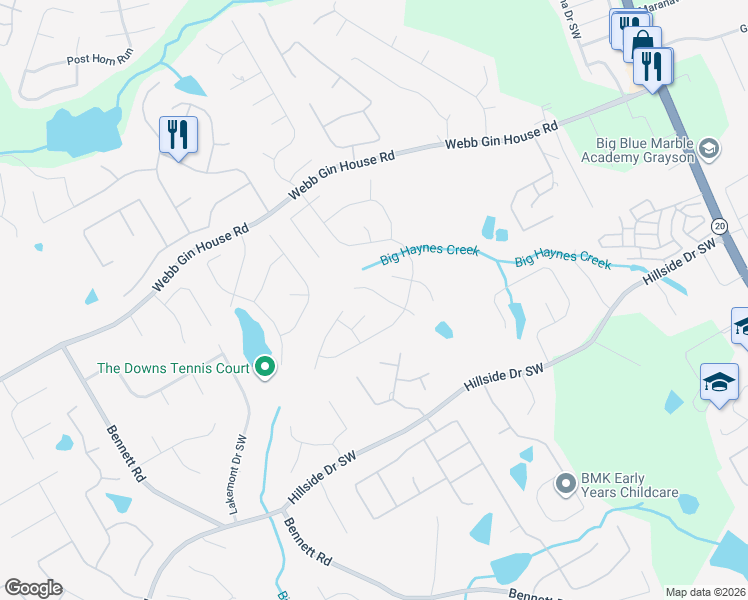 map of restaurants, bars, coffee shops, grocery stores, and more near 1427 Oak Bend Way in Lawrenceville