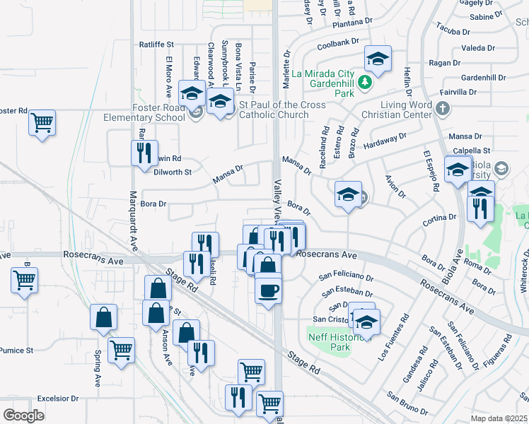 map of restaurants, bars, coffee shops, grocery stores, and more near in La Mirada